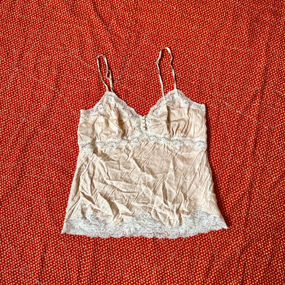Vtg Banana Republic Silk Lace Trim Cami Tank Top Champagne Beige Small 350838-01